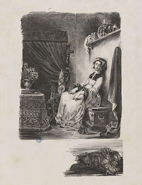 Faust, plate 10: Margaret at the Spinning Wheel, Eugène Delacroix (French, Charenton-Saint-Maurice 1798–1863 Paris), Lithograph; first state of six, with remarques 