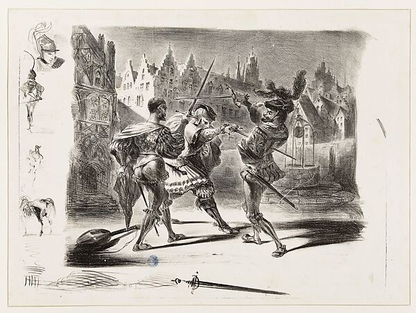 Faust, plate 11: Duel between Faust and Valentine, Eugène Delacroix (French, Charenton-Saint-Maurice 1798–1863 Paris), Lithograph; first state of six, with remarques 