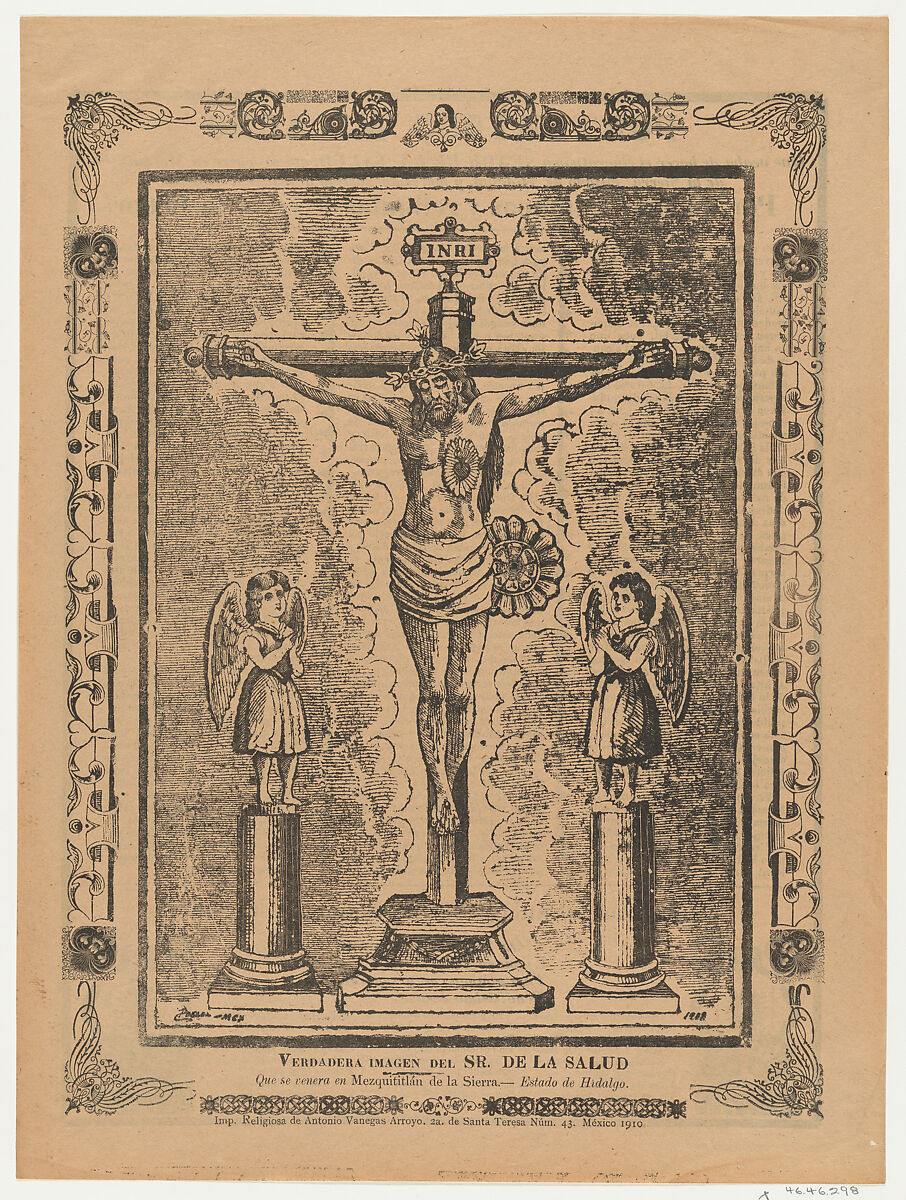 Broadsheet with Christ in the cross flanked by two angels, Anonymous, Photorelief and letterpress 