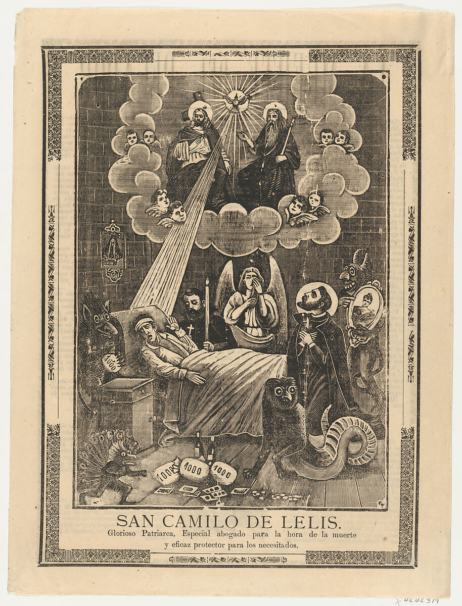 Broadsheet with Saint Camilo de Lelis in bed surrounded by demons, priests and the Holy Trinity above, Anonymous, Photorelief and letterpress 