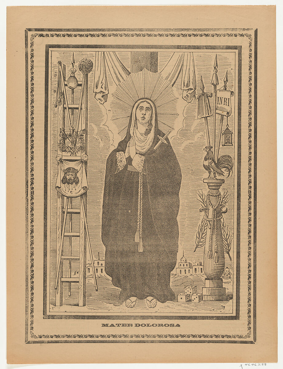 Broadsheet with the Virgin of Sorrows, flanked by instruments on the Passion, Anonymous, Photorelief and letterpress 