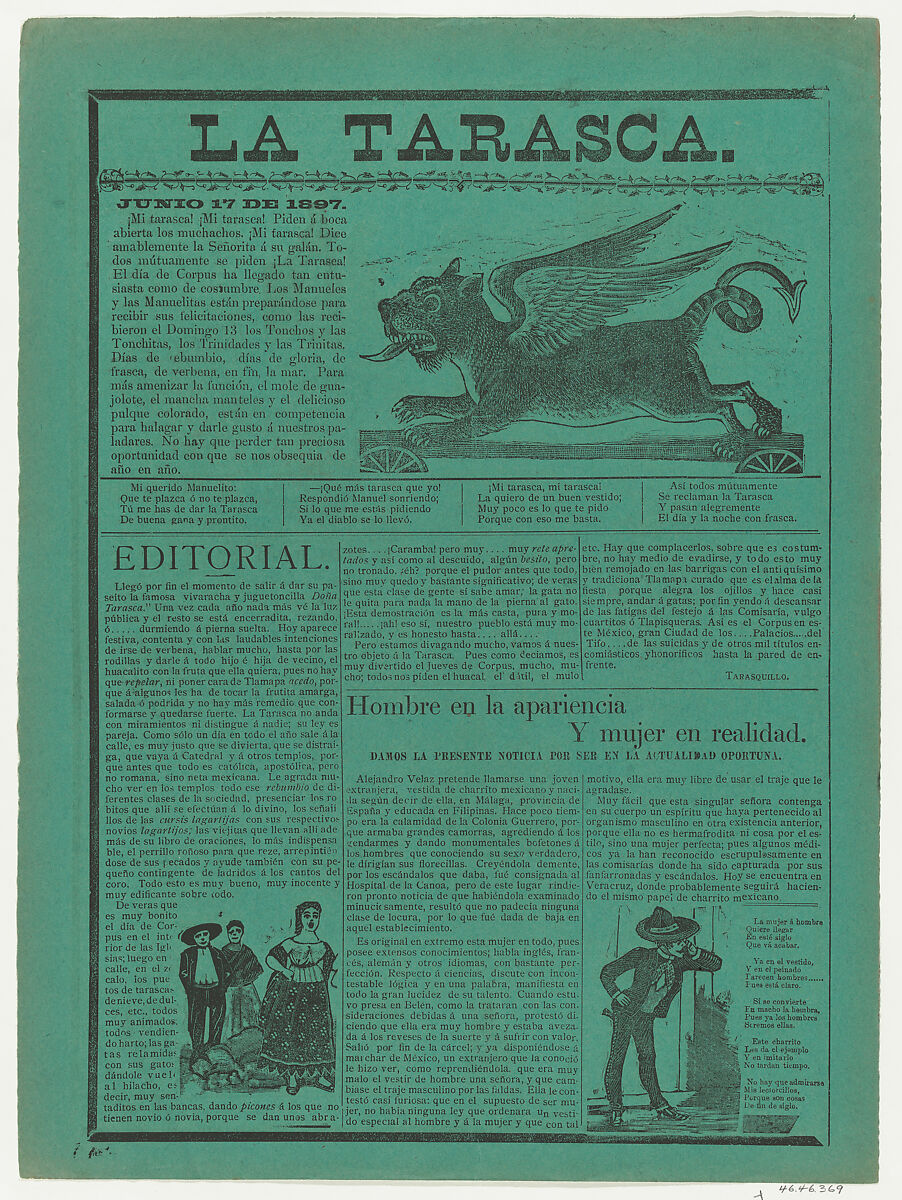 Broadsheet relating to 'la Tarasca' (the carnival monster), Anonymous, Photorelief and letterpress on green paper 