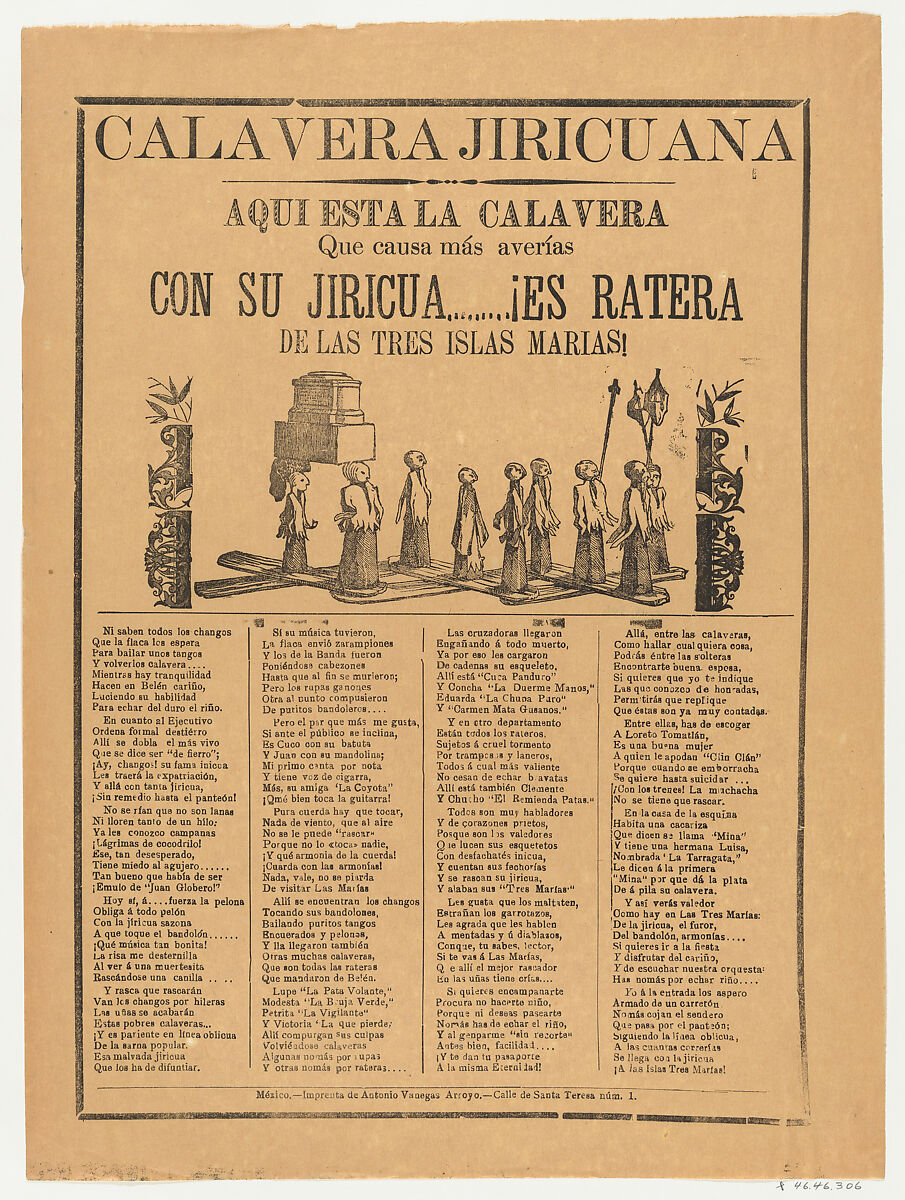 Broadsheet relating to the calavero (skeleton) Jiricuana, a corrido (ballad) in the bottom section, Anonymous, Photorelief and letterpress on brown paper 