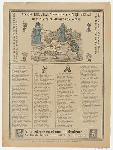 Broadsheet relating to the romantic play, Don Juan Tenorio, a corrido (ballad) in the bottom section, Anonymous, Photorelief and letterpress on tan paper with some hand colouring in the upper section 