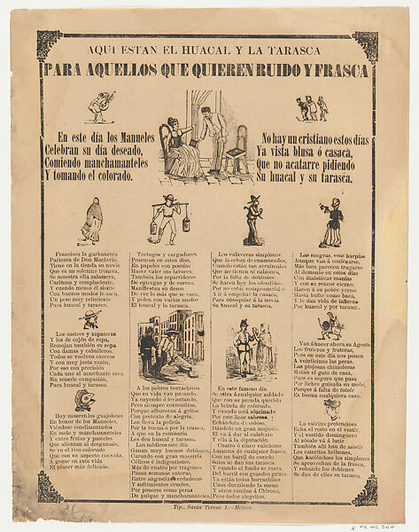 Broadsheet relating to 'El Huacal' and 'La Tarasca' who love disorder, a corrido (ballad) in the bottom section, Anonymous, Photorelief and letterpress on tan paper 