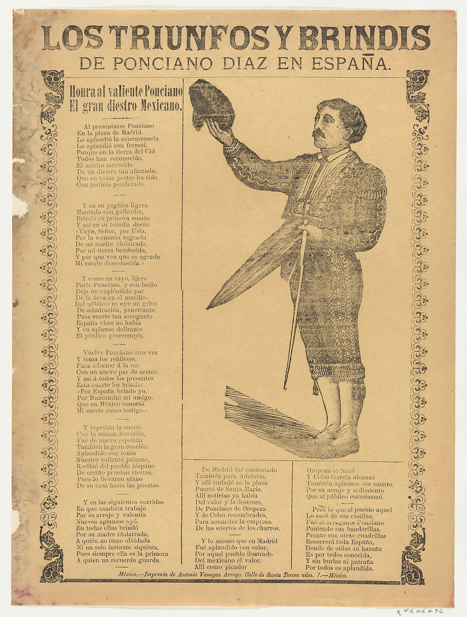 Broadsheet relating to the triumphs of the bullfighter Ponciano Diaz in Spain, a corrido (ballad) in the bottom section, José Guadalupe Posada (Mexican, Aguascalientes 1852–1913 Mexico City), Photorelief and letterpress on tan paper 