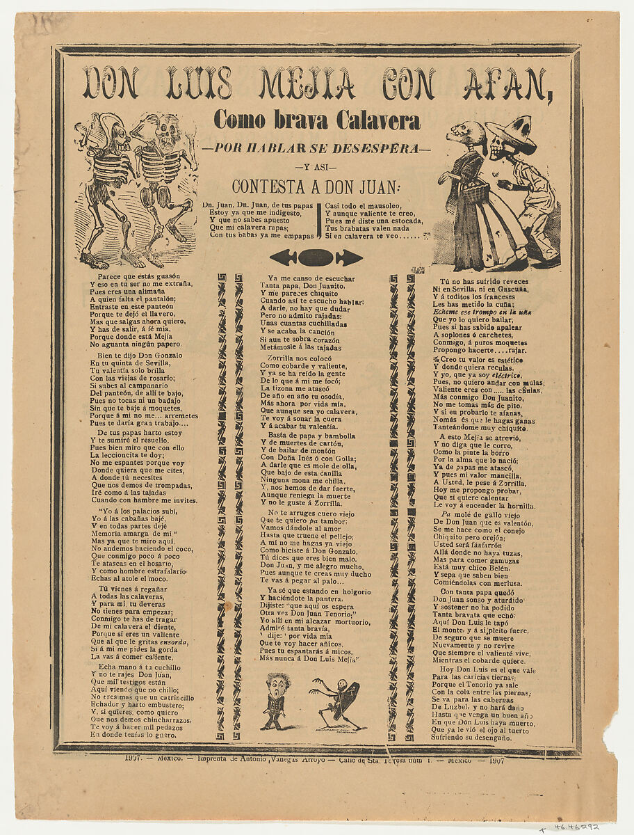 Broadsheet relating to Don Luis Mejia and Afan, a corrido (ballad) in the bottom section, José Guadalupe Posada (Mexican, Aguascalientes 1852–1913 Mexico City), Type-metal engraving and letterpress on tan paper 