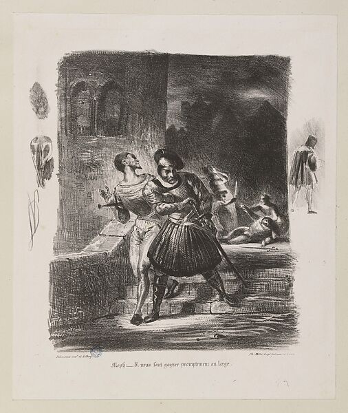 Faust, plate 12: Mephistopheles and Faust Fleeing after the Duel, Eugène Delacroix (French, Charenton-Saint-Maurice 1798–1863 Paris), Lithograph; second state of seven, with remarques 