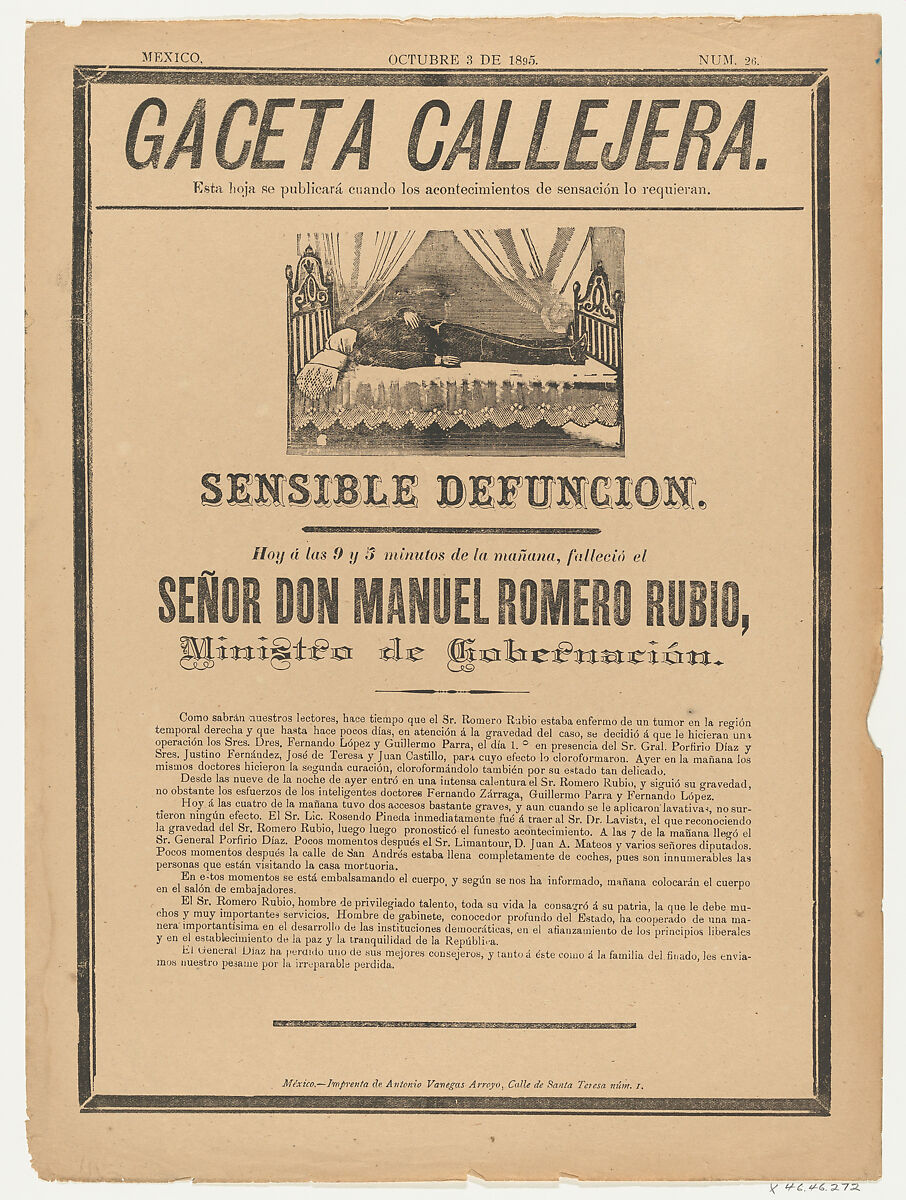 Page from the Gaceta Callajera (October 3 1895) relating to the death of the government minister, Don Manuel Romero Rubio, Anonymous, Photorelief and letterpress on tan paper 
