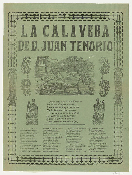 Broadsheet relating to the romantic play Don Juan Tenorio, Anonymous, Photorelief and letterpress on green paper 