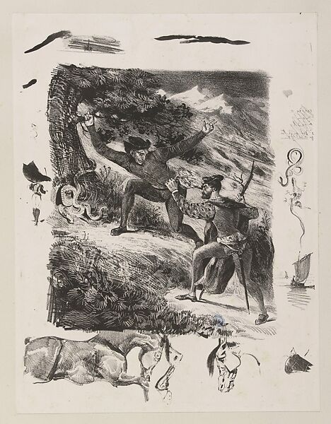 Faust, plate 14: Faust and Mephistopheles in the Harz Mountains, Eugène Delacroix (French, Charenton-Saint-Maurice 1798–1863 Paris), Lithograph; first state of seven, with remarques 