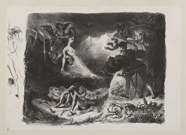 Faust, plate 15: Marguerite's Ghost Appearing to Faust, Eugène Delacroix (French, Charenton-Saint-Maurice 1798–1863 Paris), Lithograph; first state of six, with remarques 