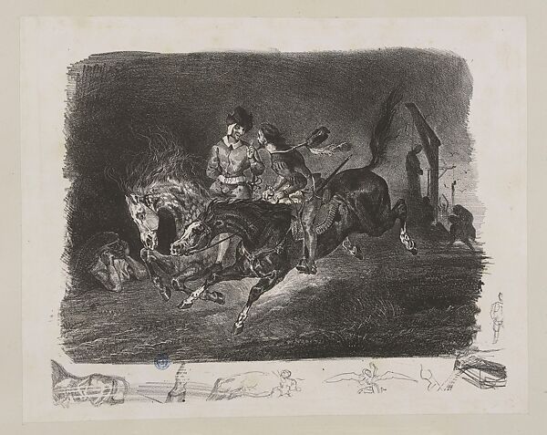 Faust, plate 16: Faust and Mephistopheles Galloping on Walpurgis Night, Eugène Delacroix (French, Charenton-Saint-Maurice 1798–1863 Paris), Lithograph; first state of five, with remarques 