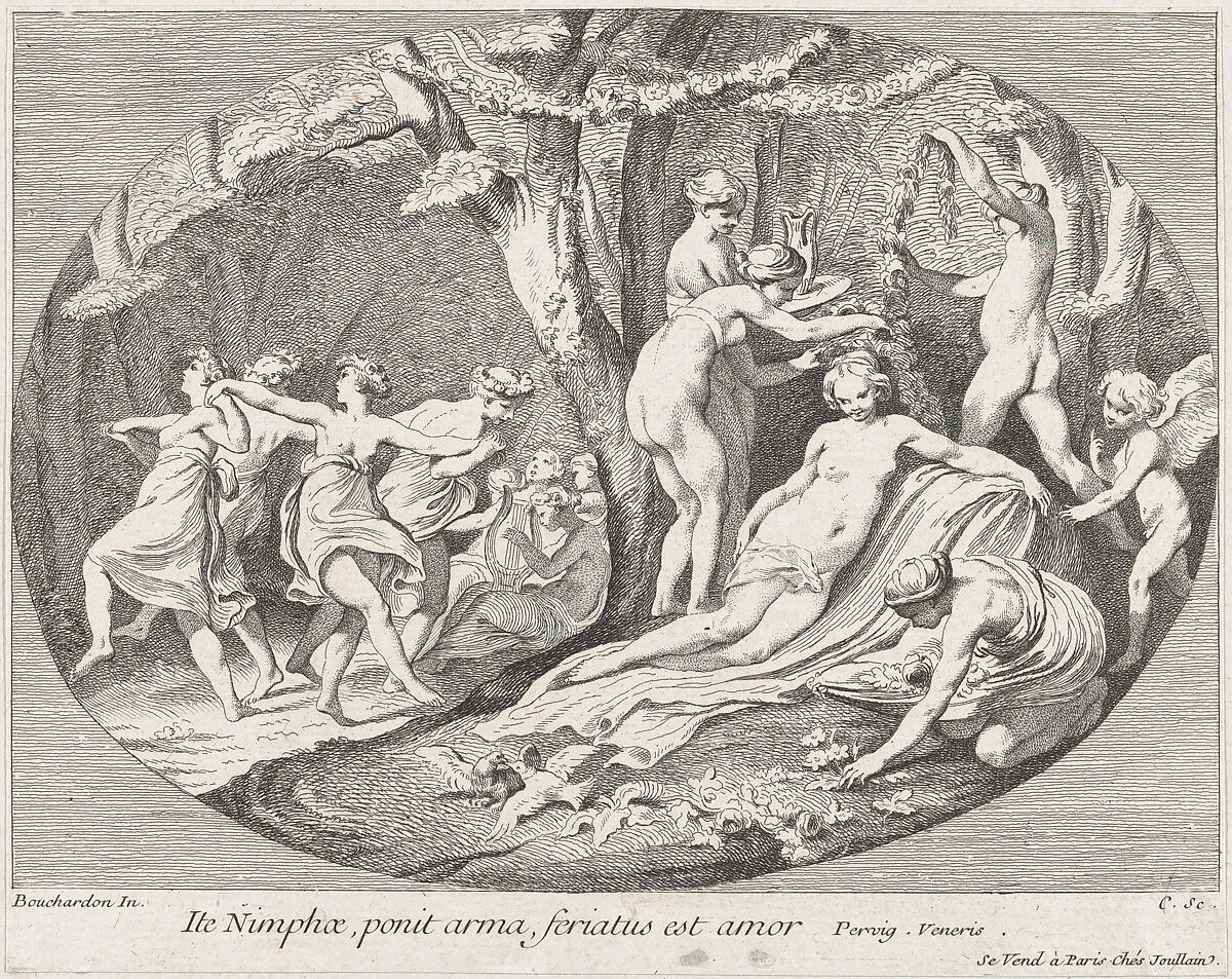 Go Nymphs, who lay down their arms, Love is resting!, Anne Claude Philippe de Tubières, comte de Caylus (French, Paris 1692–1765 Paris), Etching 