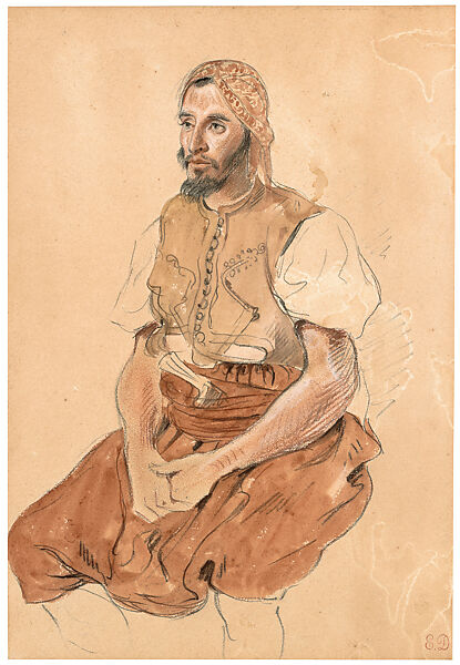 Portrait of Schmareck, Tanner at Tangier, Eugène Delacroix (French, Charenton-Saint-Maurice 1798–1863 Paris), Watercolor with red and black chalk on paper 