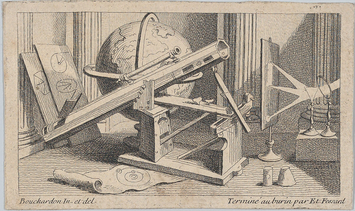 Globe with Mapping Instruments, Edme Bouchardon (French, Chaumont 1698–1762 Paris), Etching and engraving 