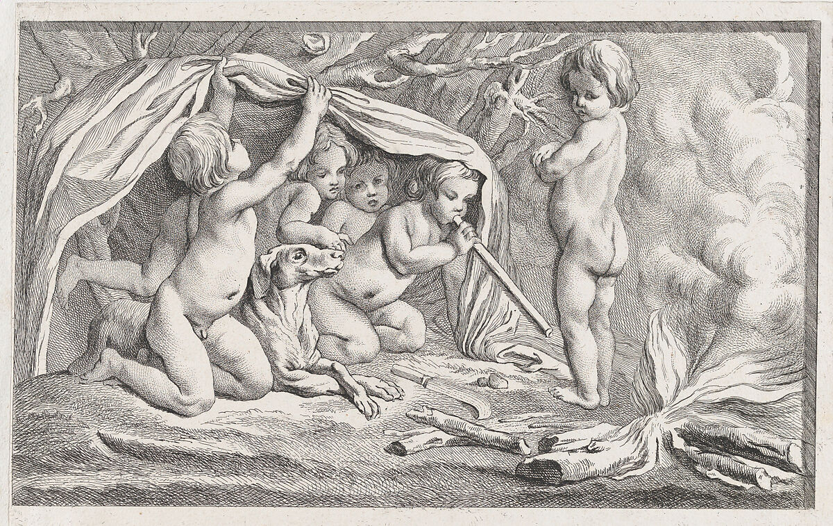 Nude children and a dog warming themselves by a fire; an allegory of Winter, after a bas-relief on the Fontaine des Quatre-Saisons (Paris), Anonymous, Etching 