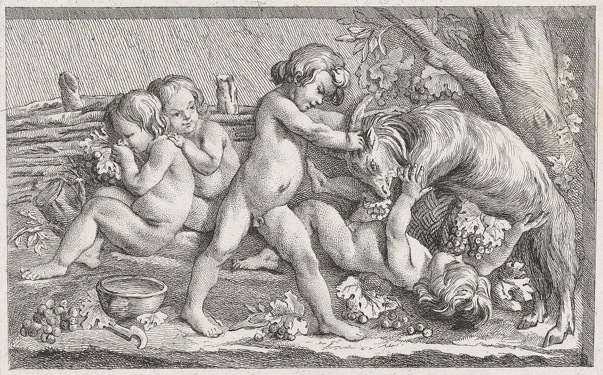 Nude children eating grapes and playing with a goat; an allegory of Fall, after a bas-relief on the Fontaine des Quatre-Saisons (Paris), Anonymous, Etching 
