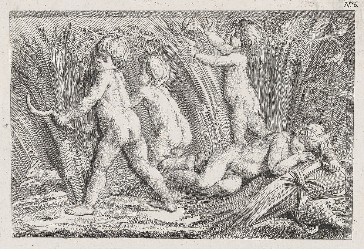 Nude children shearing wheat; an allegory of Summer; after a bas-relief on the Fontaine des Quatre-Saisons (Paris), Anonymous, Etching 
