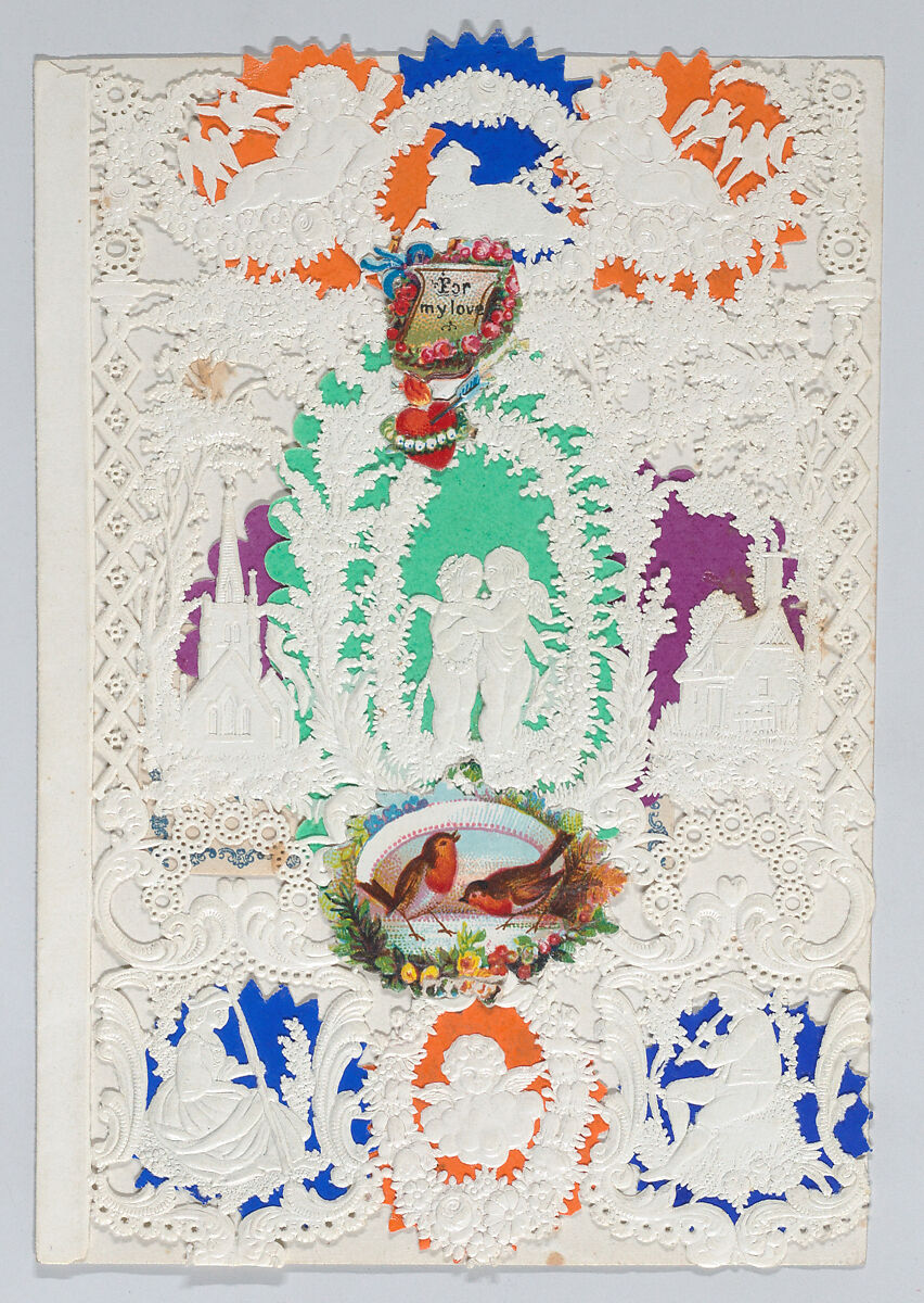 Valentine, Esther Howland (American, Worcester, Massachusetts 1828–1904 Quincy, Massachusetts), Open-work cameo embossed  lace paper, colored paper wafers, die cut scraps, motto paper 