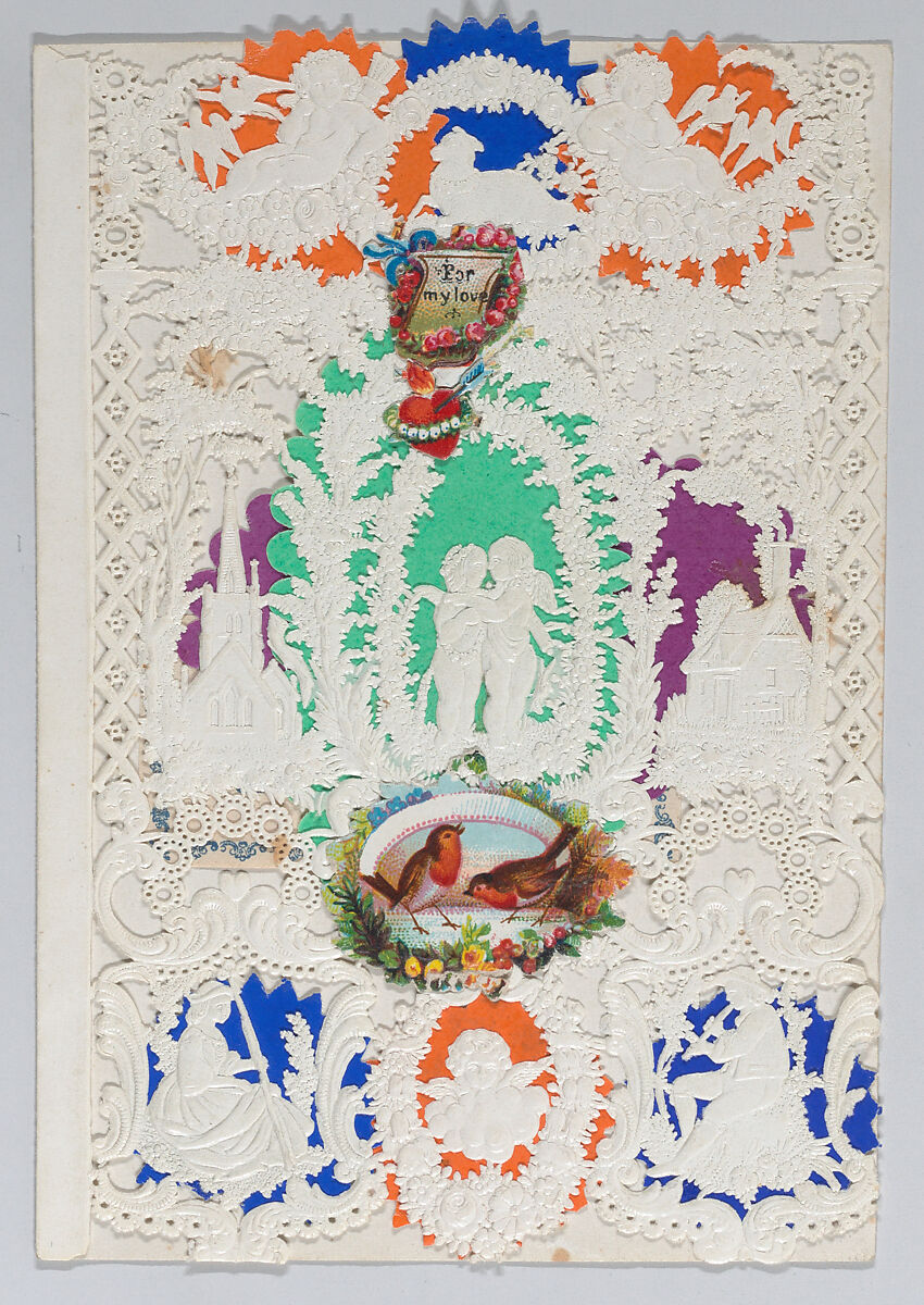 Valentine, Esther Howland (American, Worcester, Massachusetts 1828–1904 Quincy, Massachusetts), Open-work cameo embossed  lace paper, colored paper wafers, die cut scraps, motto paper