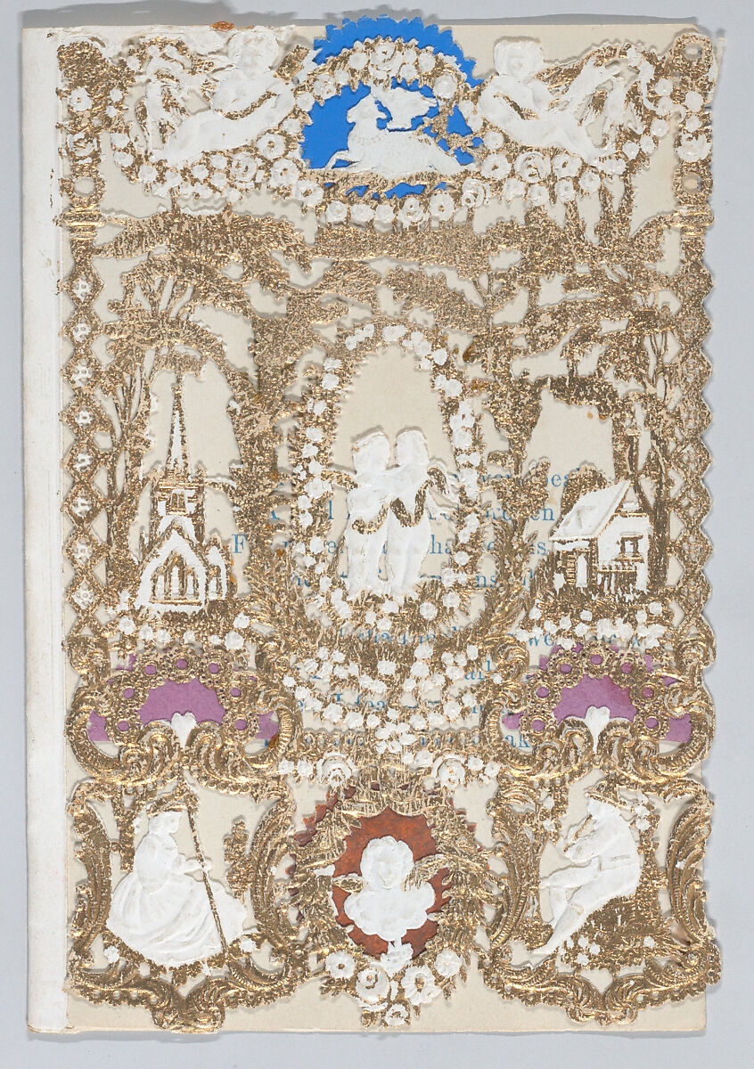 Valentine, Anonymous, Gilded open-work cameo embossed  lace paper, colored paper wafers,lithographed scrap, motto paper 