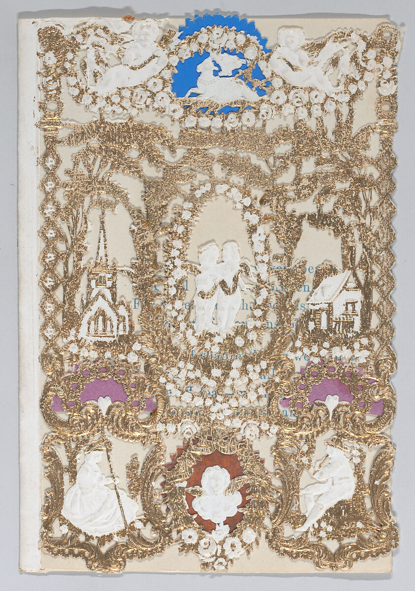 Valentine, Anonymous, Gilded open-work cameo embossed  lace paper, colored paper wafers, lithographed scrap, motto paper