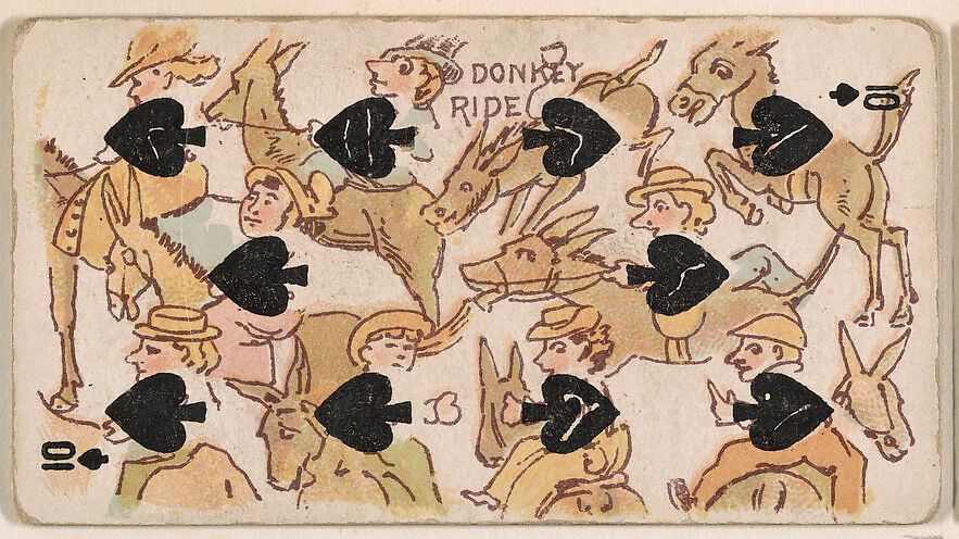 Ten of Spades, Donkey Ride, from Harlequin Cards, 2nd Series (N220) issued by Kinney Bros., Issued by Kinney Brothers Tobacco Company, Commercial color lithograph 