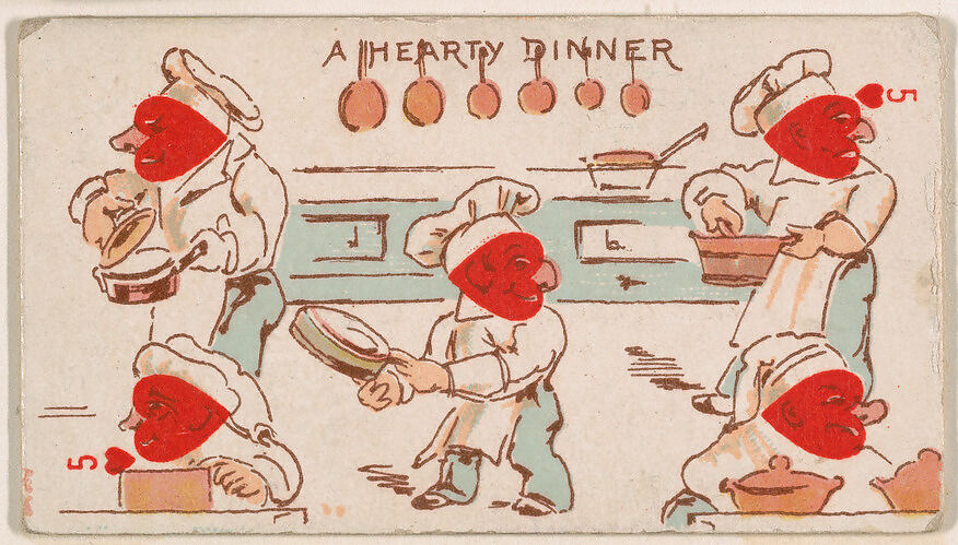 Five of Hearts, A Hearty Dinner, from Harlequin Cards, 2nd Series (N220) issued by Kinney Bros., Issued by Kinney Brothers Tobacco Company, Commercial color lithograph 