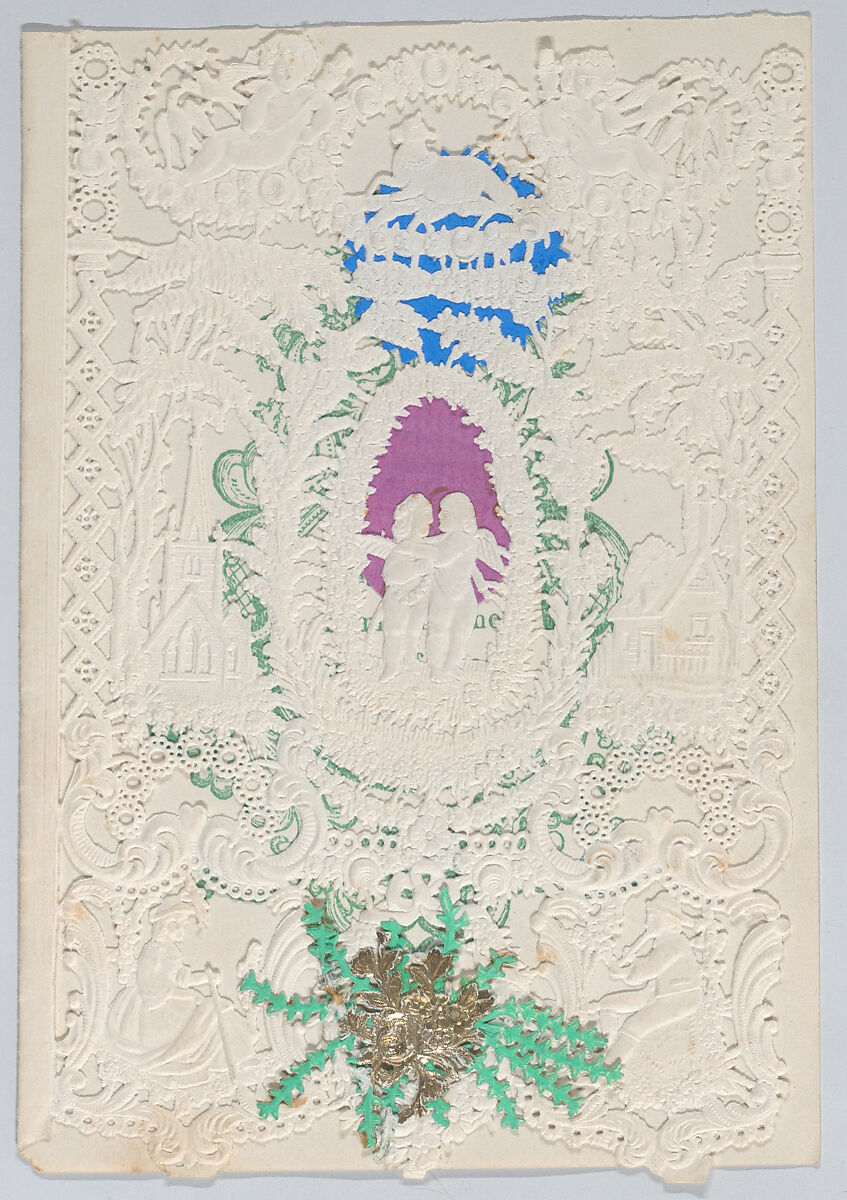 Valentine, Anonymous, Open-work cameo embossed  lace paper, die cut scrap, green ink 