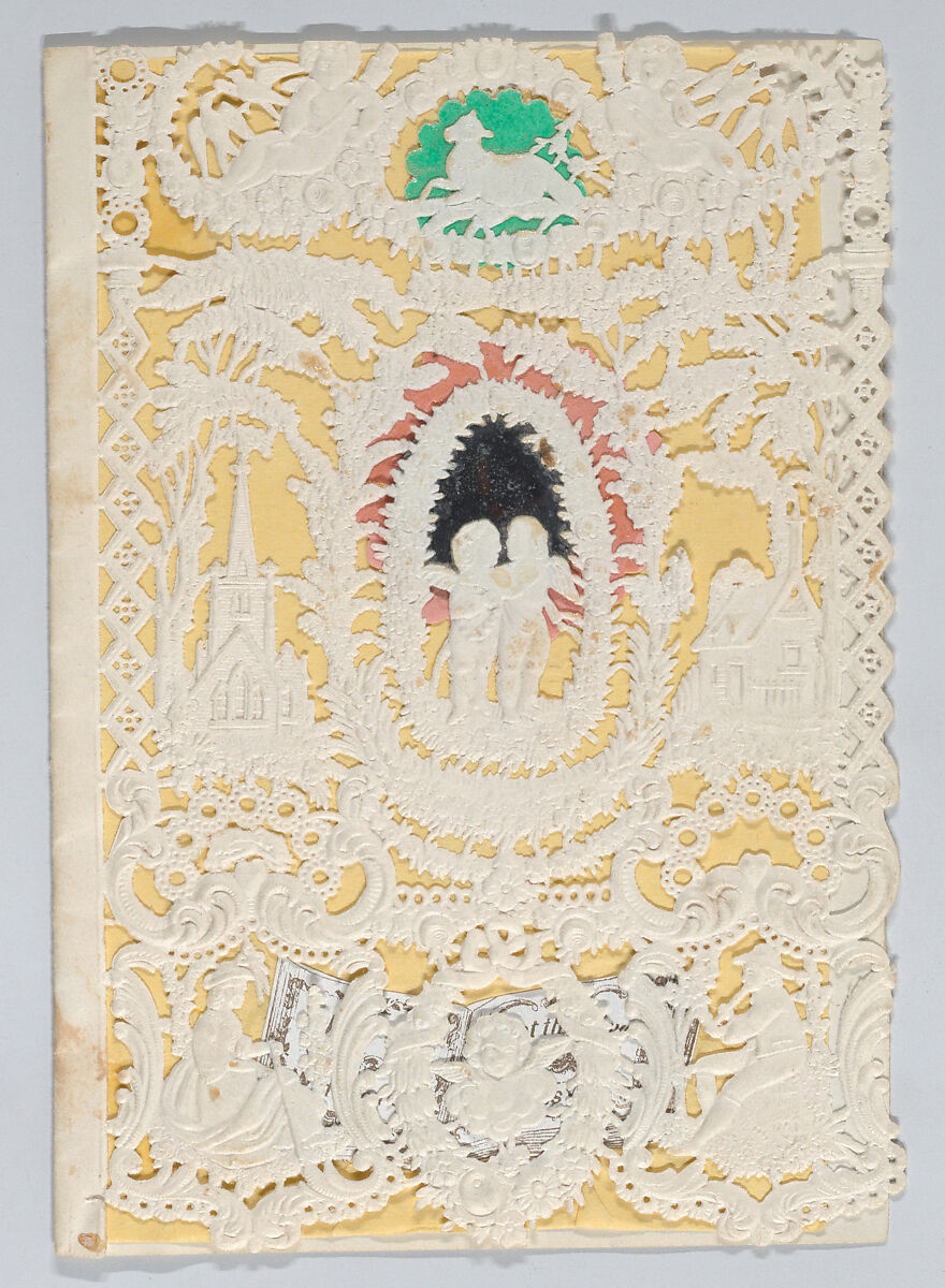 Valentine, Anonymous, Open-work cameo embossed  lace paper, colored paper wafers, glass mirror, gold-printed motto 