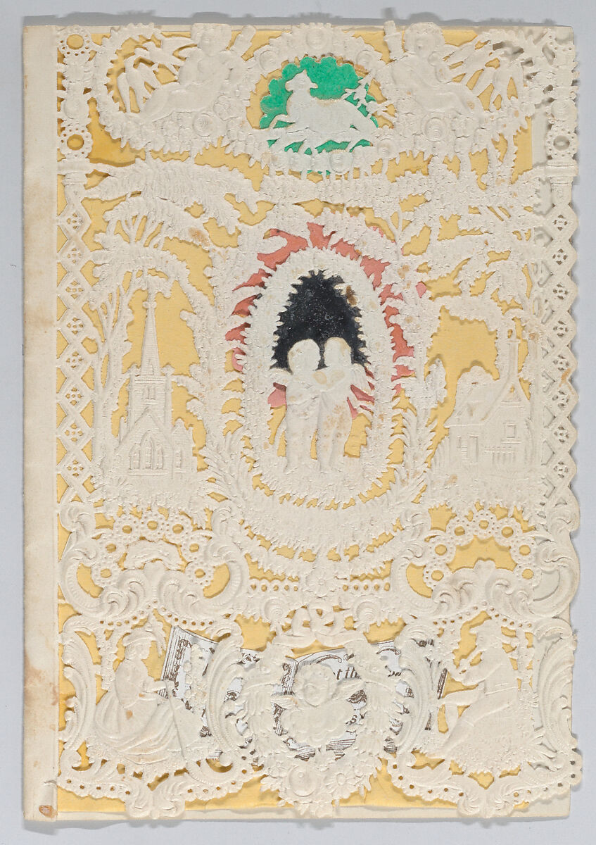 Valentine, Anonymous, Open-work cameo embossed  lace paper, colored paper wafers, glass mirror, gold-printed motto