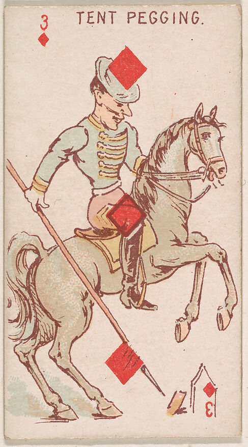 Three of Diamonds, Tent Pegging, from Harlequin Cards, 2nd Series (N220) issued by Kinney Bros., Issued by Kinney Brothers Tobacco Company, Commercial color lithograph 
