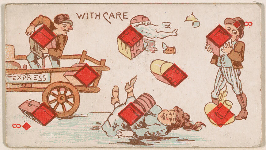 Eight of Diamonds, With Care, from Harlequin Cards, 2nd Series (N220) issued by Kinney Bros., Issued by Kinney Brothers Tobacco Company, Commercial color lithograph 