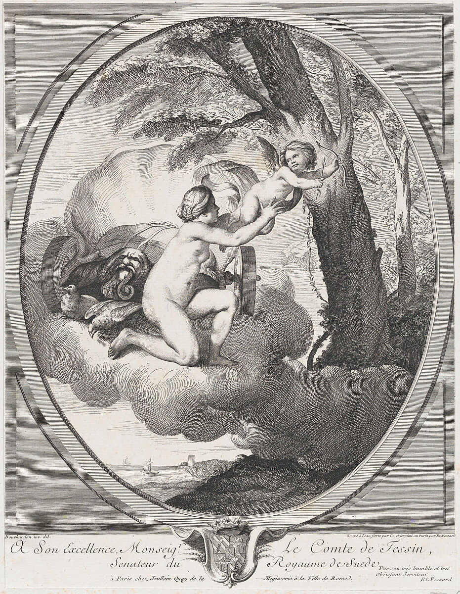 Venus and Cupid on a Cloud, Johann Justin Preissler (German, 1698–1771), Engraving 