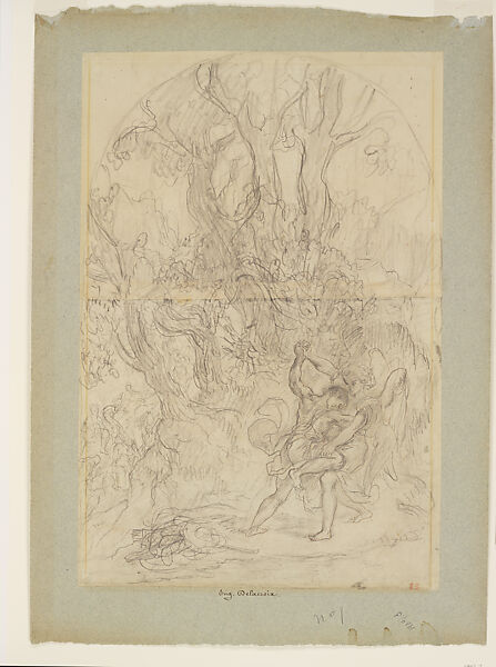 Jacob Struggling with the Angel, Eugène Delacroix (French, Charenton-Saint-Maurice 1798–1863 Paris), Graphite over traces of red chalk on two sheets of beige laid paper, joined horizontally at the center 
