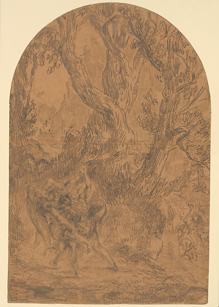 Jacob Wrestling with the Angel, Eugène Delacroix (French, Charenton-Saint-Maurice 1798–1863 Paris), Black chalk on tracing paper 