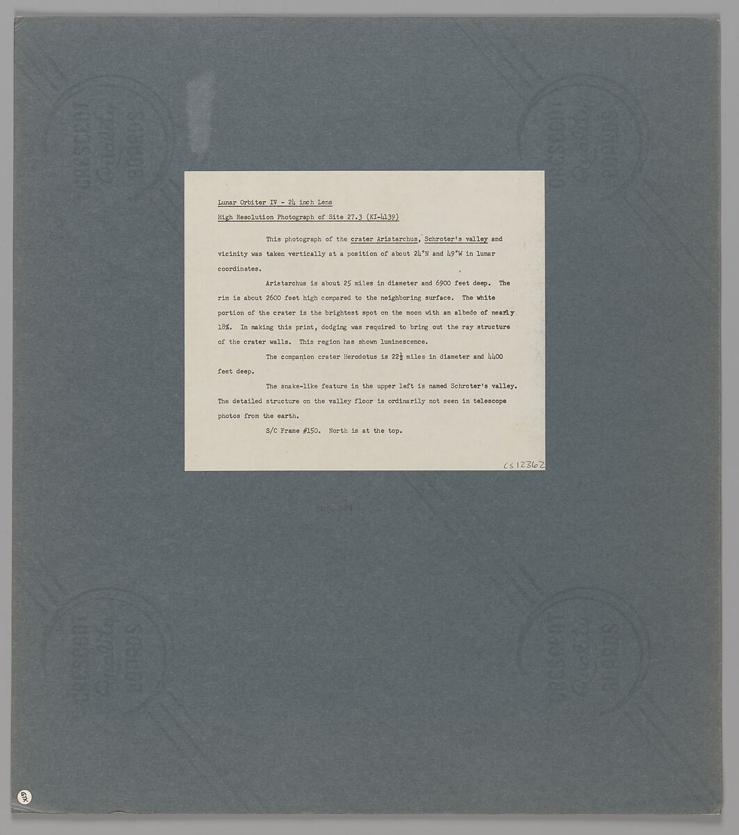 Crater Aristarchus, Schroter's Valley, and Vicinity, National Aeronautics and Space Administration (NASA), Gelatin silver prints