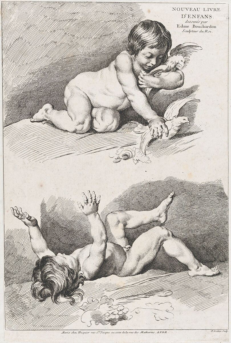 Two nude children playing with a leaf; from New Book of Children, Pierre Alexandre Aveline (French, Paris 1702–1760 Paris), Etching 