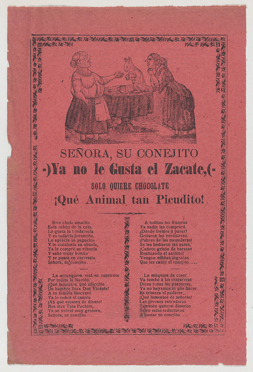 Broadsheet relating to the rabbit that does not like hay but only chocolate, a corrido (ballad) in the bottom section, José Guadalupe Posada (Mexican, Aguascalientes 1852–1913 Mexico City), Photo-relief and letterpress on pink paper 