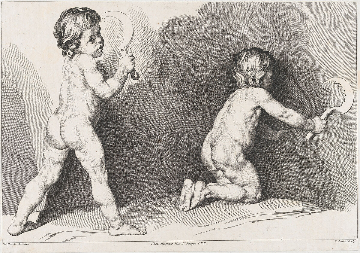 Two nude children standing; from New Book of Children, Pierre Alexandre Aveline (French, Paris 1702–1760 Paris), Etching 