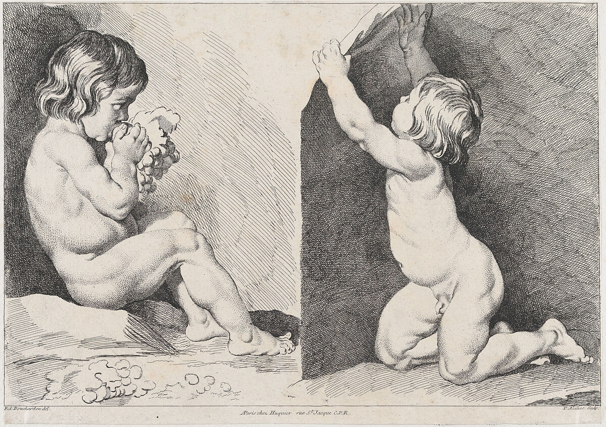 Two nude children eating grapes; from New Book of Children, Pierre Alexandre Aveline (French, Paris 1702–1760 Paris), Etching 