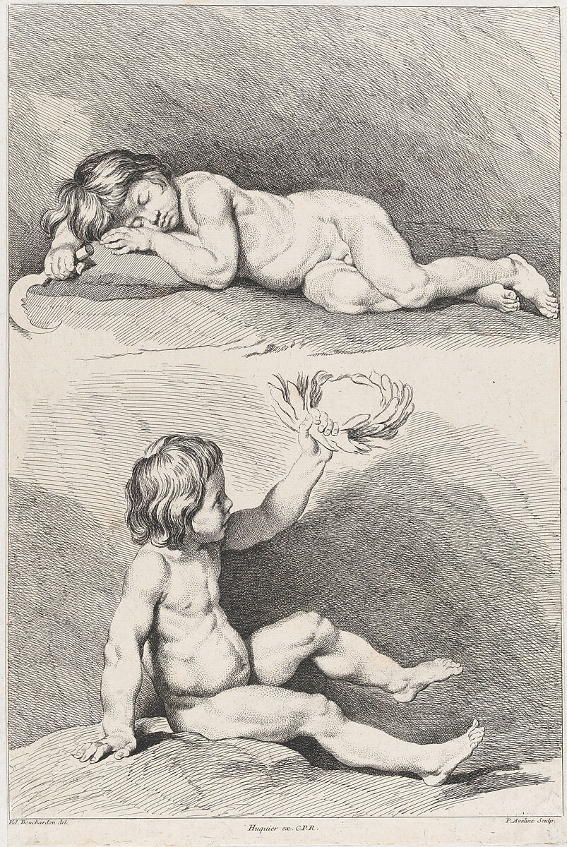 Two nude children, one sleeping and the other holding a wreath, from New Book of Children, Pierre Alexandre Aveline (French, Paris 1702–1760 Paris), Etching 
