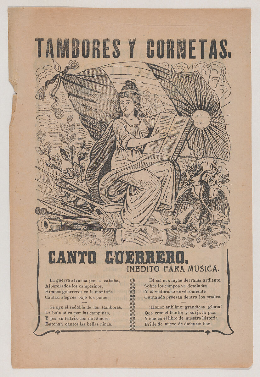 Broadsheet relating to the soldiers' song, José Guadalupe Posada (Mexican, Aguascalientes 1852–1913 Mexico City), Zincograph and letterpress on tan paper 