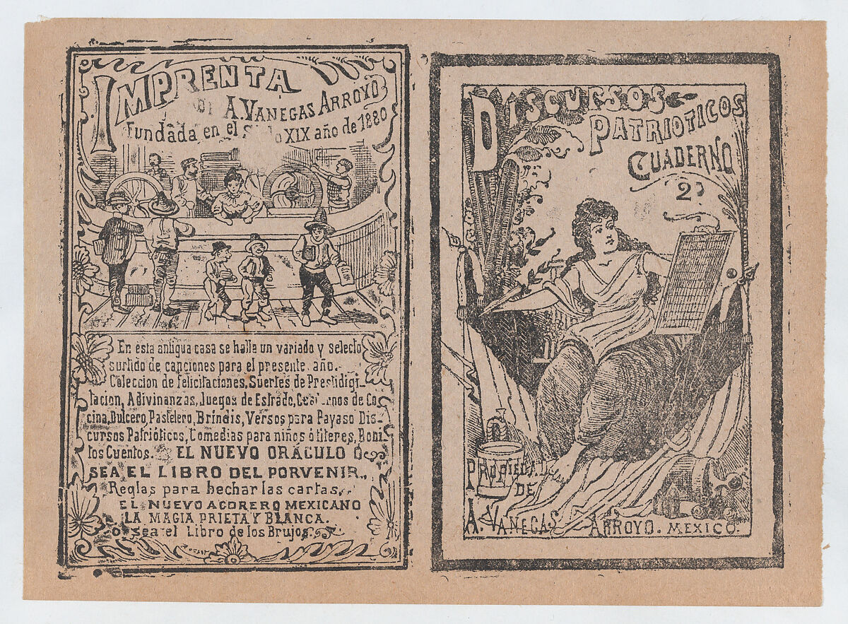 Front and back covers printed on the same sheet for patriotic discourses, José Guadalupe Posada (Mexican, Aguascalientes 1852–1913 Mexico City), Zincograph and letterpress on tan paper 