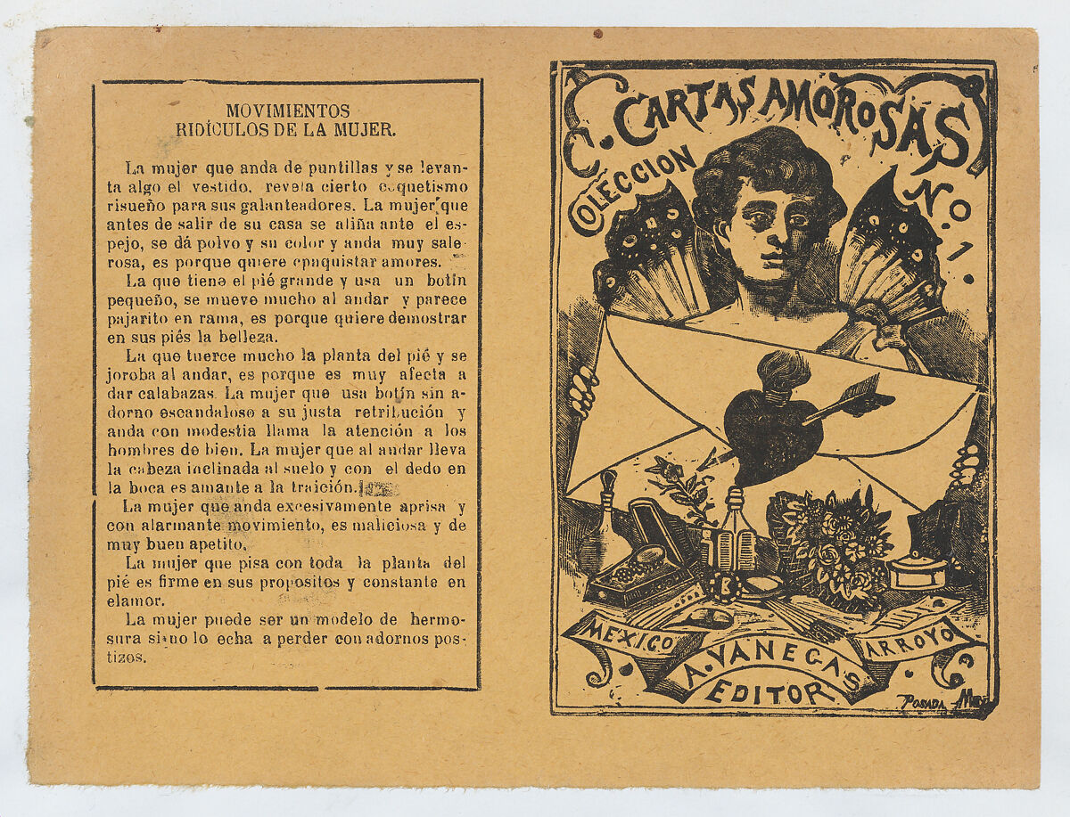 Front and back covers printed on the same sheet for a collection of love letters (number 1), José Guadalupe Posada (Mexican, Aguascalientes 1852–1913 Mexico City), Type-metal engraving and letterpress on yellow/orange paper 