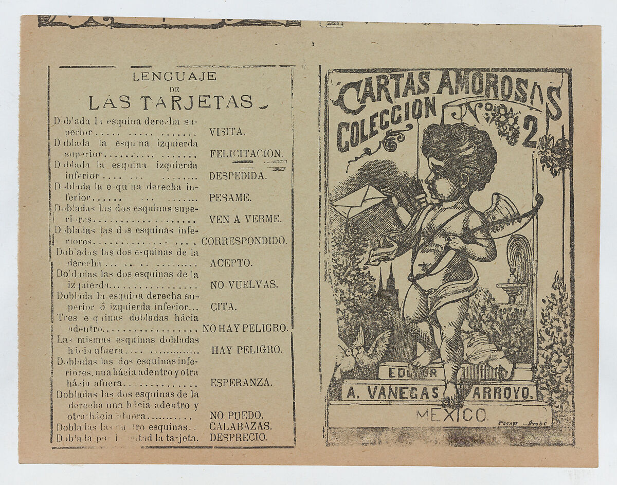 Front and back covers printed on the same sheet for a collection of love letters (number 2), Cupid holding a bow in image at the right, José Guadalupe Posada (Mexican, Aguascalientes 1852–1913 Mexico City), Type-metal engraving and letterpress on green paper 