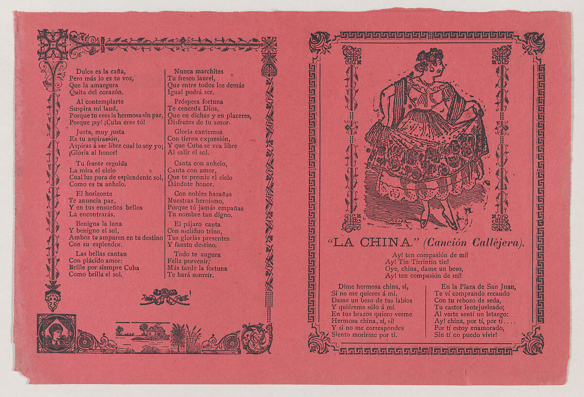 A broadsheet with a popular song  'La China' on the recto, on the verso the dance of 'Cuba Libre', José Guadalupe Posada (Mexican, Aguascalientes 1852–1913 Mexico City), Zincograph and letterpress on pink paper 