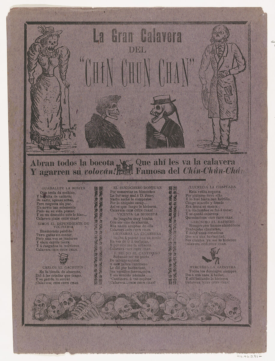 Broadsheet relating to the great calavera of the Chin-Chun-Chan, a zarzuela (traditional form of musical comedy), José Guadalupe Posada (Mexican, Aguascalientes 1852–1913 Mexico City), Zincograph, type-metal engraving and letterpress on purple paper 