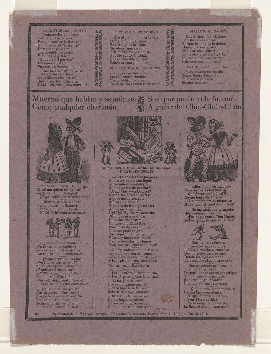 Broadsheet relating to the great skeleton of the Chin-Chun-Chan, José Guadalupe Posada (Mexican, Aguascalientes 1852–1913 Mexico City), Zincograph, type-metal engraving and letterpress on purple paper